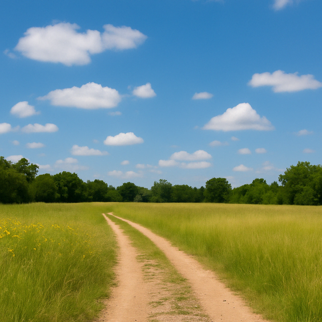 Open rural land in Texas with a dirt road running through wide property acreage, ideal for ranch land access or future land retreat development.